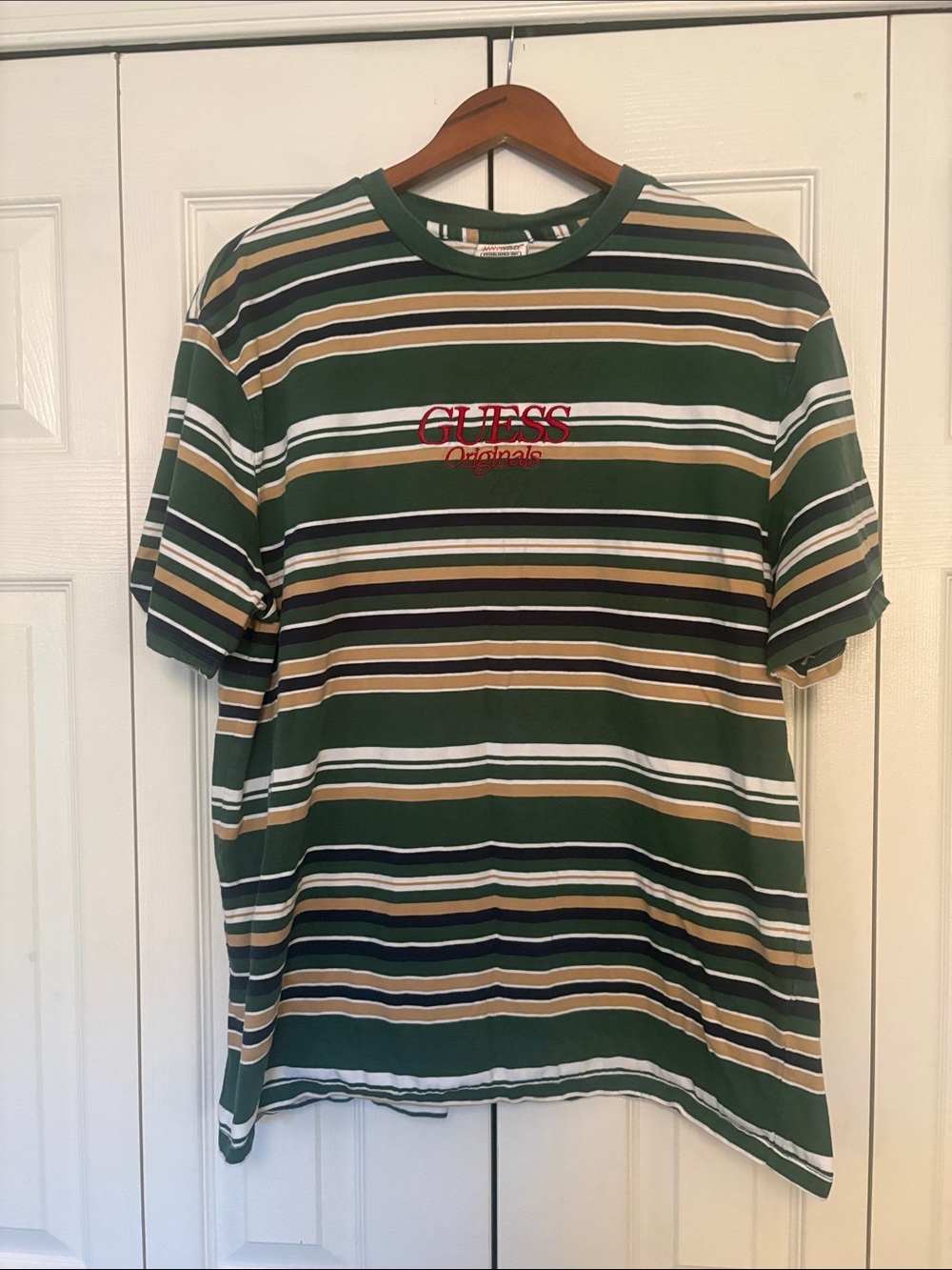 Guess Men's Green Striped Short Sleeve Tee with Logo